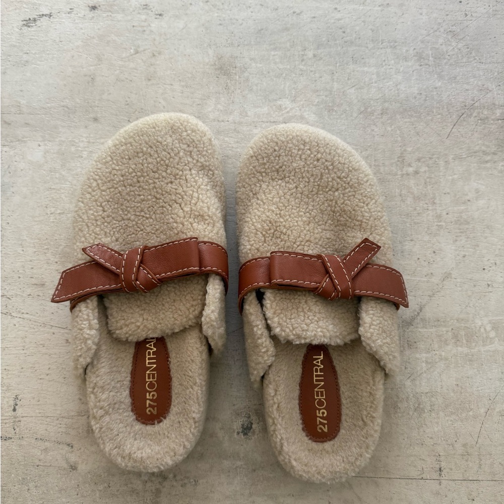 Women's Cream and Brown Fleece Mules